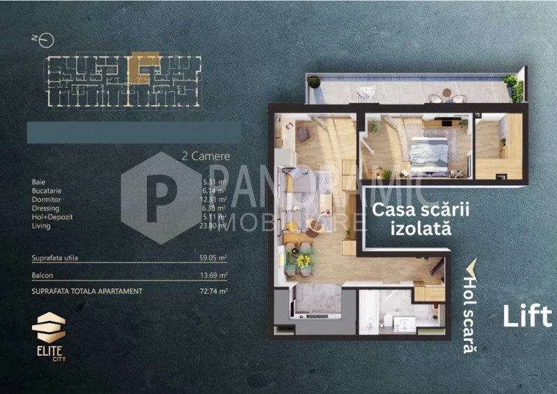 Apartament 2 camere, 60 mp, terasă 14 mp, finisat – Elite City, etaj 7/7